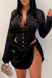 Black Sexy Casual Solid Patchwork Asymmetrical Turndown Collar Long Sleeve Two Pieces