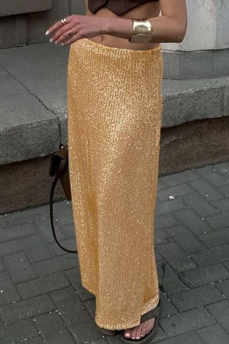 Gold Elegant Solid Sequins Straight Solid Color Bottoms