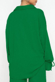 Green Casual Solid Slit Fold Turndown Collar Long Sleeve Two Pieces