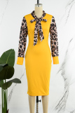 Black Sexy British Style Elegant Leopard Patchwork Printing O Neck Wrapped Skirt Dresses