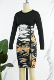 Black Street Print Slit Contrast Zipper O Neck Irregular Dress Dresses