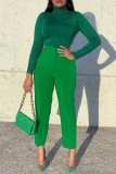 Green Casual Solid Patchwork Regular High Waist Pencil Solid Color Trousers
