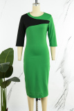 Yellow Elegant Solid Color Block Patchwork Contrast Zipper O Neck Wrapped Skirt Dresses
