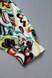 Colour Elegant Print Patchwork Buckle Turndown Collar Straight Jumpsuits（No Belt）