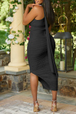 Black Sexy Solid Backless Slit Fold Halter Irregular Dress Dresses