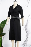 Black Elegant Solid Patchwork Buckle V Neck A Line Dresses(With a belt)