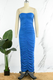 Blue Casual Solid Backless Fold Strapless One Step Skirt Dresses