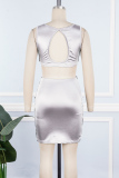 Silver Sexy Solid Hollowed Out Patchwork Strap Design Reflective O Neck One Step Skirt Dresses