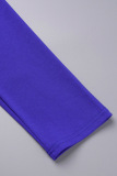 Royal Blue Elegant Solid Color Block Patchwork Contrast Zipper O Neck Wrapped Skirt Dresses