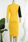 Yellow Elegant Solid Color Block Patchwork Contrast Zipper O Neck Wrapped Skirt Dresses