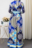Blue Casual Print Basic V Neck Long Sleeve Dresses (Subject To The Actual Object)