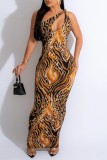 Orange Sexy Print Hollowed Out Backless Oblique Collar Long Dress Dresses