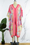 Pink Casual Print Patchwork Pearl V Neck Nine Points Sleeve Two Pieces