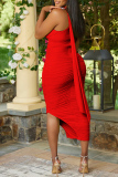 Red Sexy Solid Backless Slit Fold Halter Irregular Dress Dresses