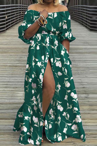 Dark Green Street Print High Opening Slit Off the Shoulder Cake Skirt Dresses