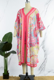 Pink Casual Print Patchwork Pearl V Neck Nine Points Sleeve Two Pieces