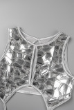 Silver Sexy Solid Hollowed Out Patchwork Strap Design Reflective O Neck One Step Skirt Dresses