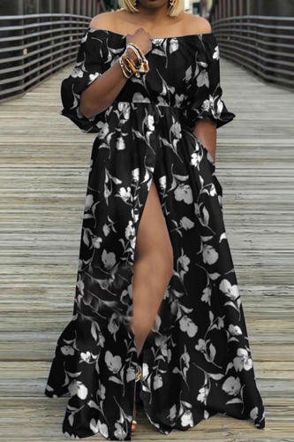 Black Street Print High Opening Slit Off the Shoulder Cake Skirt Dresses