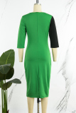 Green Elegant Solid Color Block Patchwork Contrast Zipper O Neck Wrapped Skirt Dresses