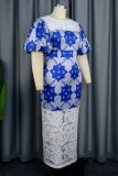 Blue Casual Print Patchwork O Neck Wrapped Skirt Dresses (Subject To The Actual Object)