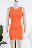 Tangerine Red Sexy Solid Patchwork O Neck One Step Skirt Dresses