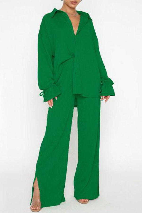 Green Casual Solid Slit Fold Turndown Collar Long Sleeve Two Pieces