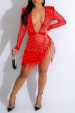 Red Sexy Patchwork Hot Drilling See-through Beading V Neck Long Sleeve Dresses