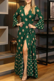 Green Elegant Print Patchwork High Opening V Neck Printed Dress Dresses