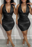 Apricot Sexy Solid Backless Fold Halter Wrapped Skirt Dresses