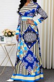 Blue Casual Print Basic V Neck Long Sleeve Dresses (Subject To The Actual Object)