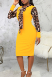 Black Sexy British Style Elegant Leopard Patchwork Printing O Neck Wrapped Skirt Dresses