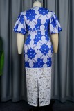 Blue Casual Print Patchwork O Neck Wrapped Skirt Dresses (Subject To The Actual Object)