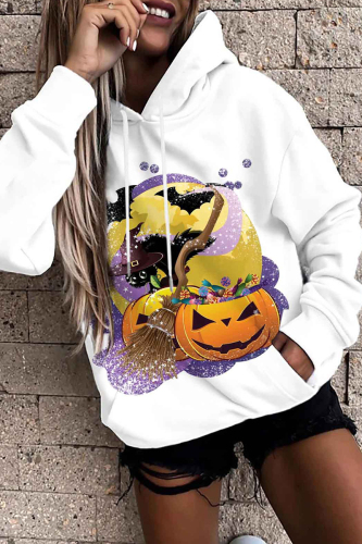 White Orange Casual Print Basic Hooded Collar Tops