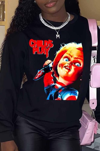Black Casual Print Letter O Neck Tops