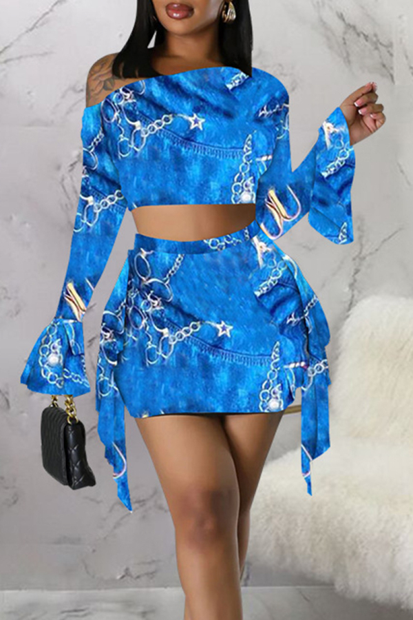 Blue Sexy Street Print Patchwork Patch One Shoulder Long Sleeve Two Pieces