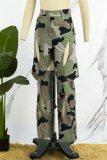Blue Casual Camouflage Print Hollowed Out Patchwork Straight Mid Waist Conventional Full Print Trousers