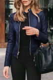 Burgundy Street Elegant Solid Patchwork Zipper Mandarin Collar Outerwear