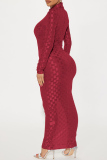 Red Sexy Plaid See-through Turtleneck Long Sleeve Dresses