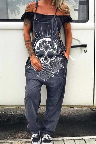 Gray White Casual College Skull Head Print Pocket U Neck Loose Jumpsuits