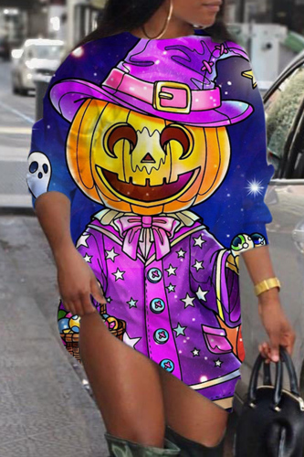 Purple Casual Print Basic O Neck Long Sleeve Short Sleeve Dress