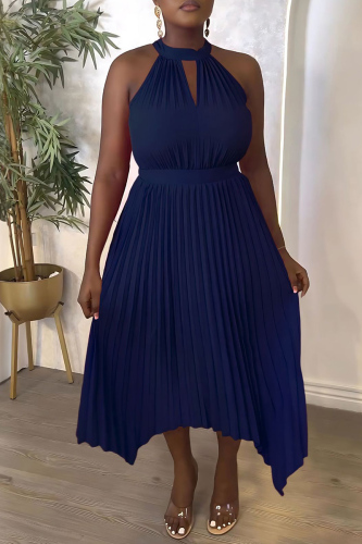 Deep Blue Casual Solid Hollowed Out Asymmetrical O Neck Pleated Dresses