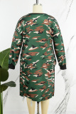 Army Green Street Print Camouflage Print Hollowed Out Patchwork O Neck Straight Plus Size Dresses