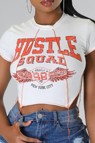 White Street Letter Patchwork O Neck T-Shirts