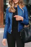 Navy Blue Street Elegant Solid Patchwork Zipper Mandarin Collar Outerwear