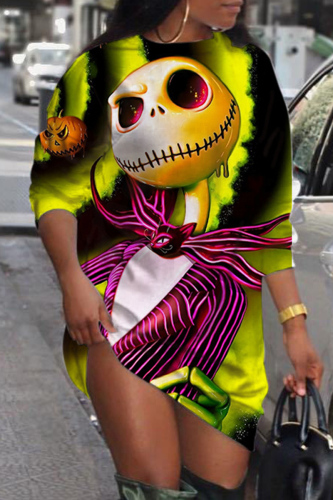 Yellow Casual Print Basic O Neck Long Sleeve Short Sleeve Dress