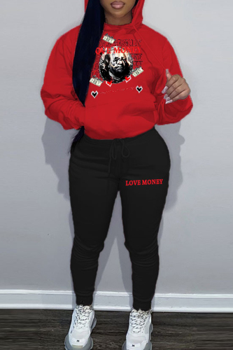 Red Casual Street Sportswear Figure Patchwork Draw String Pocket Contrast Hooded Collar Plus Size Two Pieces