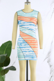 Powder Blue Casual Print Tie Dye Patchwork Contrast O Neck One Step Skirt Dresses