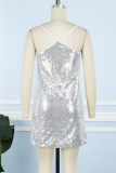 Silver Sexy Solid Sequins Patchwork Backless V Neck Sling Dress Dresses