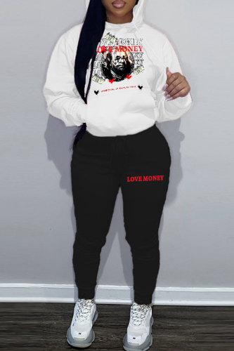 White Casual Street Sportswear Figure Patchwork Draw String Pocket Contrast Hooded Collar Plus Size Two Pieces