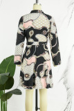 Black Pink Casual Print Patchwork Turndown Collar Long Sleeve Dresses